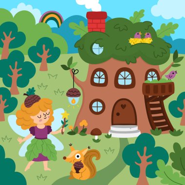 Vector Square perisi, meşe palamudu perisi, ağaç evi, sincap. Sihirli arazi manzarası. Şirin prensesle birlikte orman manzarası. Fantezi orman sahnesi illüstrasyonu. Peri masalı resmi