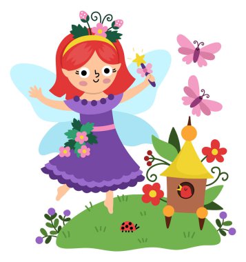 Böğürtlen perili vektör sahnesi, kelebek, kuş yuvası. Küçük kızla komik bir kompozisyon. Kanatları ve çayırı olan sihirli prensesi olan şirin bir manzara. Fantezi sahne illüstrasyonu. Ki için peri masalı resmi