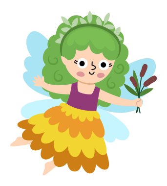 Beyaz arka planda izole edilmiş vektör bataklık ikonu. Kanatları olan tatlı küçük bir kız, sazlıklar. Orman Prensesi Clipart. Fantezi ormanı illüstrasyonu. Balık pullarındaki sihirli peri masalı yaratığı...