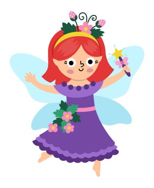 Beyaz arkaplanda izole edilmiş vektör çilek ikonu. Kanatları olan sevimli küçük kız. Orman Prensesi Clipart. Fantezi ormanı illüstrasyonu. Mor elbiseli, kamışlı sihirli peri masalı yaratık.