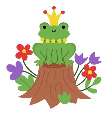 Vector frog prince or princess icon. Magic creature clipart. Cute fairytale character. Woodland fantasy animal with crown on head sitting on stump. Forest fairy tale illustration isolated on whit