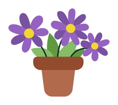 Vector cartoon flower pot clipart. Garden or home decorative plant icon isolated on white background. Forest nature purple blooming houseplant illustration. Simple abstract floral pictur