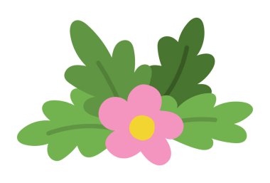 Vector cartoon flower clipart. Woodland or garden decorative plant icon isolated on white background. Forest nature pink bloom with green leaves illustration. Simple abstract floral pictur