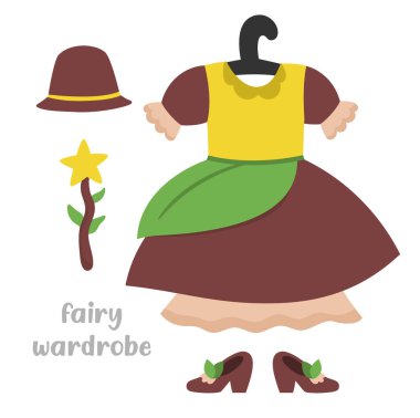 Mantar perisi kıyafetleri. Askıdaki sevimli orman prensesi elbisesi, sihirli değnek, şapka, ayakkabı ikonları. Fantezi Ormanı kostüm çizimleri. Peri masalı elbisesi. Küçük kız kostüm klipsi