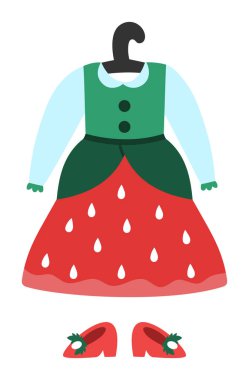 Çilek perisi kıyafetleri. Askıda şirin orman prensesi şekilli elbise, ayakkabı ikonları. Fantezi Ormanı kostüm çizimleri. Peri masalı elbisesi. Küçük kız kostüm klipsi