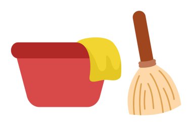 Kumaş ve süpürge klipli düz bir leğen. Süpürge sapı ya da paspasla şirin bir ev temizleme eşyası. Peri evi çizimi. Sihir ya da masal evi kısmen doğal