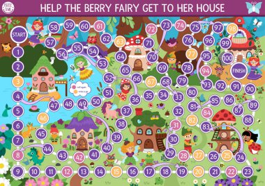 Sihirli orman geçmişi olan çocuklar için orman perisi zar oyunu. Peri masalı prenses tahta oyunu. Masa üstü aktivitesi, çocuklar için basılabilir çalışma tablosu. Böğürtlen kızının eve gitmesine yardım et.