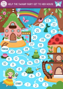 Sihirli orman geçmişi olan çocuklar için orman perisi zar oyunu. Peri masalı prenses tahta oyunu. Masa üstü aktivitesi, çocuklar için basılabilir çalışma tablosu. Bataklık kızının eve gitmesine yardım et.