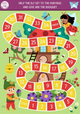 Sihirli orman geçmişi olan çocuklar için orman perisi zar oyunu. Peri masalı prenses tahta oyunu. Masa üstü aktivitesi, çocuklar için basılabilir çalışma tablosu. Periye ulaşmasına yardım et.