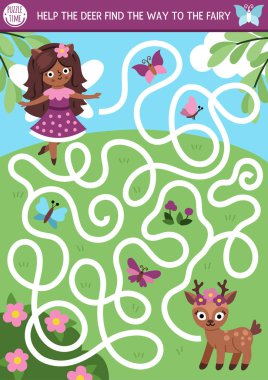 Geyikli çocuklar için eğlenceli bir labirent peri, sihirli orman ya da çiçek çayırı manzarası. Peri masalı prenses basılabilir aktivitesi ve kanatlı tatlı bir kız. Orman labirenti oyunu ya da bulmaca