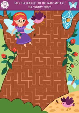 Ağaç şeklinde geometrik labirenti olan çocuklar için eğlenceli bir labirent. Peri masalı, basılabilir prenses aktivitesi. Labirent oyunu, sihirli orman manzarasıyla bulmaca. Kuşun kızı bulmasına ve yemesine yardım et.
