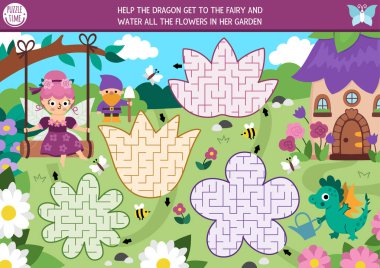 Çocuklar için eğlenceli bir labirent. Çiçek, ev, sihirli bahçe manzarası şeklinde geometrik labirentler. Tatlı bir kızla peri masalı basılabilir aktiviteler, ejderha sulama bitkileri. Labirent oyunu, bulmaca!