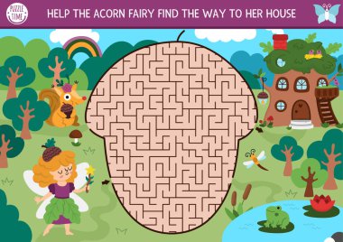 Melek palamut, gökkuşağı şeklinde geometrik labirenti olan çocuklar için eğlenceli bir labirent. Peri masalı prensesi, bir kızla basılabilir aktivite. Labirent oyunu, ağaç evle bulmaca, sihirli orman manzarası