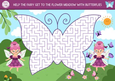 Kelebek şeklinde geometrik labirenti olan çocuklar için eğlenceli bir labirent. Peri masalı, basılabilir prenses aktivitesi. Labirent oyunu, sihirli orman manzarasıyla bulmaca. Çiçek bahçesine gitmesine yardım et.