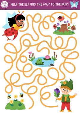 Perili böceğe giden yolu arayan elfli çocuklar için eğlenceli bir labirent. Peri masalı prenses basılabilir aktivitesi ve kanatlı tatlı bir kız. Sihirli orman, ormanlık labirent oyunu, tarih kavramı ile bulmaca, meado