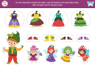 Elf terzisiyle orman perisi aktivitesi, kızlar için yeni elbiseler ve ayakkabılar. Çiçekli, meşe palamudu, böğürtlen prensesi olan sihirli orman bulmacası. Maç kıyafetleri oyunu. Peri masalı eşleşmesi