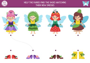 Yeni elbiseler giyen ayakkabı arayan küçük kızlarla orman perisi aktivitesi. Çiçekli, meşe palamudu, böğürtlen prensesi olan sihirli orman bulmacası. Kibrit ayakkabı ve kıyafet oyunu. Peri masalı eşleşmesi