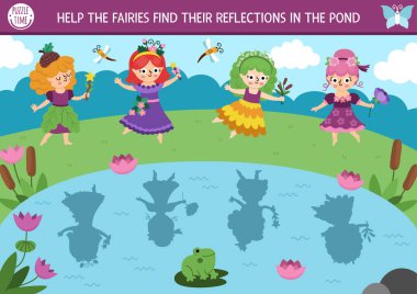 Orman perisi gölgesi suda yansımalarını arayan kızlarla eşleşiyor. Tatlı böğürtlen, meşe palamudu ve çiçek prensesiyle sihirli orman bulmacası. Doğru siluet yazdırılabilir çalışma kağıdını bul, gam