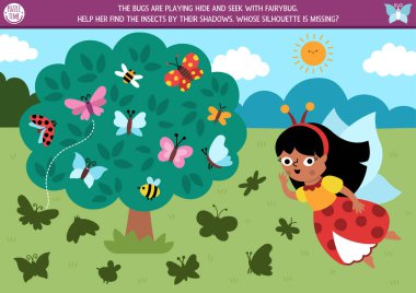Ağaçlardaki böceklerle saklambaç oynayan kızla orman perisinin gölgesi eşleşiyor. Tatlı prensesler, böcekler, tarla manzarası olan sihirli orman bulmacası. Doğru siluet yazdırılabilir çalışma kağıdını bul, gam