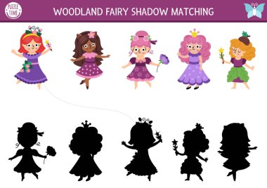 Orman perisi gölgesi küçük kızlarla eşleşiyor. Tatlı böğürtlenli, çiçekli, meşe palamudu prensesi olan sihirli orman bulmacası. Doğru siluet yazdırılabilir çalışma tablosu bul, oyun. Ki için peri masalı fantezi sayfası