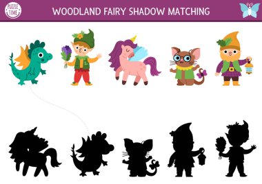 Orman perisi, fantezi yaratıklarla etkinliği eşleştiriyor. Tek boynuzlu at, cüce, ejderha ve elf içeren sihirli orman bulmacası. Doğru siluet yazdırılabilir çalışma tablosu bul, oyun. Ki için masal sayfası