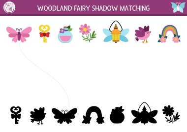 Orman perisi, fantezi nesneleriyle aktiviteleri eşleştiriyor. Gökkuşağı, anahtar, iksir ve kelebekli sihirli orman bulmacası. Doğru siluet yazdırılabilir çalışma tablosu bul, oyun. Ki için masal sayfası