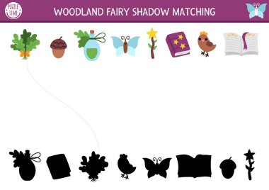 Orman perisi, fantezi nesneleriyle aktiviteleri eşleştiriyor. Sihirli orman yapbozu, sihirli değnek, büyü kitabı, iksir. Doğru siluet yazdırılabilir çalışma tablosu bul, oyun. Ki için masal sayfası