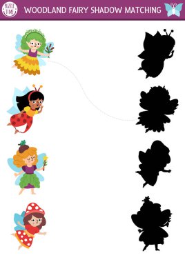 Orman perisi gölgesi küçük kızla eşleşiyor. Tatlı mantarlı sihirli orman yapbozu, meşe palamudu prensesi. Doğru siluet yazdırılabilir çalışma tablosu bul, oyun. Ki için peri masalı fantezi sayfası