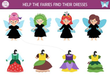 Orman perisi, kanatlı ve kayıp elbiseli küçük kızlarla aynı aktiviteyi yapıyor. Çiçekli sihirli orman yapbozu, böğürtlen, mantar prenses, kıyafetler. Peri masalı eşleşmesi sayfası, yazdırılabilir çalışma sayfası