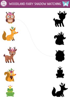 Orman perisi, fantezi hayvanlarla aktiviteleri eşleştiriyor. Baykuş, tilki, sincap, kurbağa ve geyikli sihirli orman bulmacası. Doğru siluet yazdırılabilir çalışma tablosu bul, oyun. Ki için masal sayfası