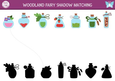 Orman perisi, sihirli iksirle aktiviteyi eşleştiriyor. Böğürtlen, çiçek, aşk iksiri ya da içeceği olan bir orman bulmacası. Doğru siluet yazdırılabilir çalışma tablosu bul, oyun. Ki için masal sayfası