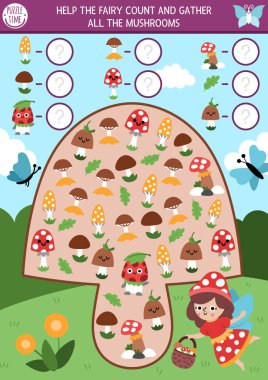 Peri Diyarı. Mantar şeklinde çocuklar için casusluk oyunu. Perilerle, mantarlarla, sineklerle, yapraklarla arama ve sayma faaliyetleri. Peri masalı basılabilir çalışma tablosu. Küçük bir kızla basit bir fantezi bulmacası