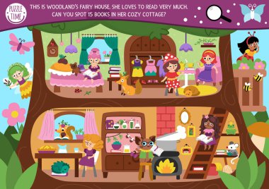 Peri ağacı ev manzaralı vektör perileri diyarı arama oyunu. Spot gizli kitaplar. Büyülü peri masalı, rahat evleri olan çocuklar için eğitici basılabilir aktiviteleri arar ve sayar.