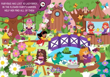 Büyülü bahçe manzaralı Peri Diyarı vektör arama oyunu. Saklı uğur böcekleri. Basit bir peri masalı. Peri böceği olan çocuklar için basılabilir bir etkinlik ara ve uğur böceği ara.