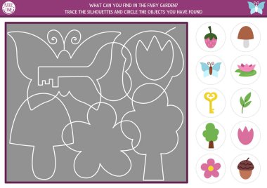 Peri Diyarı iz sürme, şekil ve çizgi tanıma aktivitesi kelebek, anahtar, çiçek ve mantarla. Beyaz hatları olan sihirli bahçe yapbozu. Çocuk için doğru siluet yazdırılabilir çalışma kağıdını bul ve daire içine al