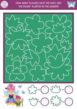 Peri Diyarı iz sürme, şekil verme ve çiçeklerle sınır tanıma etkinliği. Sihirli bahçe beyaz hatlı matematik bulmacalarını sayıyor. Çocuk için doğru siluet yazdırılabilir çalışma kağıdını bul ve daire içine al