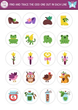 Garip olanı bul. Peri Diyarı çocuklar için mantıksal aktivite. İlgi çekmek için büyülü orman eğitim sınavı çalışma kâğıdı. Tatlı peri özellikleri, fantezi hayvanları, peri masalı nesneleri olan basılabilir bir oyun