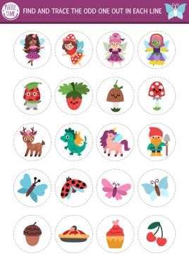 Garip olanı bul. Peri Diyarı çocuklar için mantıksal aktivite. İlgi çekmek için büyülü orman eğitim sınavı çalışma kâğıdı. Tatlı peri, fantezi hayvanları, peri masalı objeleri, kelebeklerle basılabilir oyun