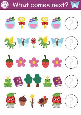 Sırada ne var? Anahtar, iksir, çiçek ve büyü kitabı olan anaokulu çocukları için peri diyarı mantıksal aktiviteleri. Orman perisi mantık ardılı çalışma tablosu. Fantezi ormanı ya da peri masalı devam ediyor.