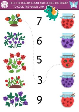 Peri diyarı numaralarını ejderha pişirme marmeladıyla karşılaştır. Okul öncesi çocuklar için Woodland Peri Bahçesi Matematik aktivitesi. Böğürtlenli, reçel kavanozlu masal sayma çalışması