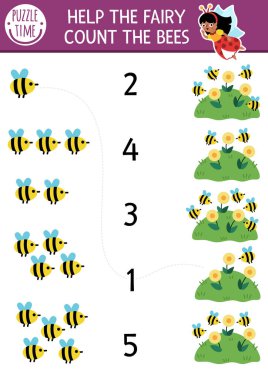 Arılar ve çiçeklerle numaralar oyununu karşılaştır. Okul öncesi çocuklar için orman perisi böcek matematik aktivitesi. Şirin böcekli peri masalı eğitim sayım çizelgesi