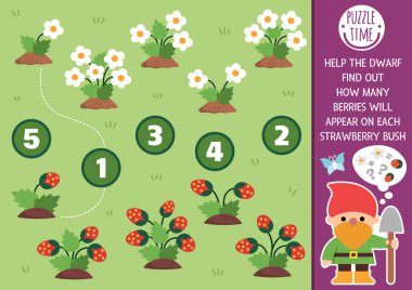 Çiçek ve çilek sayan cücelerle numaralar oyununu karşılaştır. Okul öncesi çocuklar için Woodland Peri Bahçesi Matematik aktivitesi. Peri masalı eğitim sayım çalışma tablosu