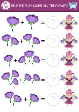 Şirin periyle kaç çiçek oyunu oynadığını. Anaokulu öğrencileri için Peri Diyarı Matematik ek aktivitesi. Kanatları ve şakayığı olan çocuklar için basit bir fantezi masalı basılabilir çalışma tablosu.