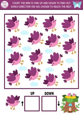 Peri Diyarı, orman doğası, çocuklar için yukarı aşağı konseptli mantık oyunu. Şirin kuş yuvası arayışıyla casusluk yapıyor, faaliyetleri sayıyorum. Yazdırılabilir alan yönlendirme çalışma tablosu, çocuk için bulmaca