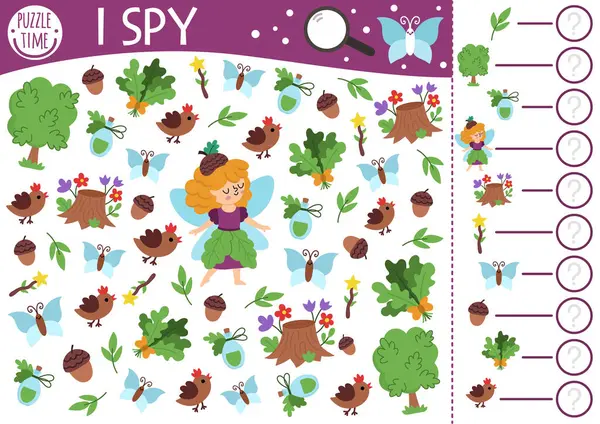 Peri Diyarı. Çocuklar için casusluk oyunu. Palamut perisi, değnek, ağaç, kuş ve iksir ile arama ve sayma aktivitesi. Peri masalı basılabilir çalışma tablosu. Küçük bir kızla basit bir fantezi bulmacası