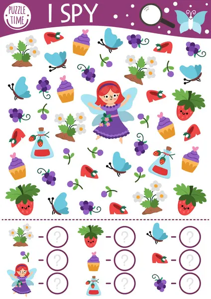 Peri Diyarı. Çocuklar için casusluk oyunu. Böğürtlen perisi, çilek, ayakkabı ve kekle arama ve sayma faaliyetleri. Peri masalı basılabilir çalışma tablosu. Küçük bir kızla basit bir fantezi bulmacası