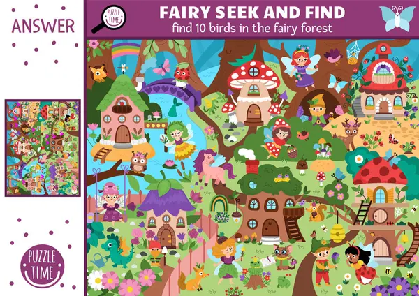 Büyülü orman manzarası, evler, periler ve bahçe ile vektör perileri diyarı arama oyunu. Resimde gizli kuşlar var. Basit bir peri masalı çocuk için eğitici yazıcı etkinliği ara ve bul