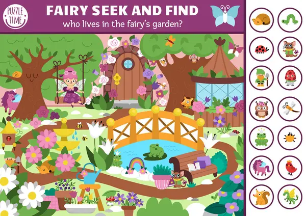 Büyülü bahçe manzaralı Peri Diyarı vektör arama oyunu. Gizli hayvanlar var. Basit bir sihirli peri masalı ara ve çiçek perisi, kurbağa ve ceylan sallayan çocuklar için basılabilir aktiviteler bul.