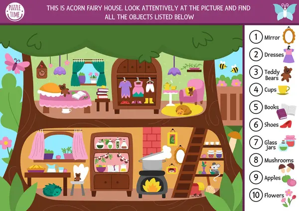 Peri ağacı ev manzaralı vektör perileri diyarı arama oyunu. Gizli nesneleri tespit et. Büyülü peri masalı, rahat evleri olan çocuklar için eğitici basılabilir aktiviteleri arar ve sayar.