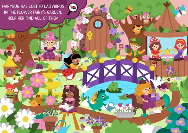 Büyülü bahçe manzaralı Peri Diyarı vektör arama oyunu. Saklı uğur böcekleri. Basit bir peri masalı. Peri böceği olan çocuklar için basılabilir bir etkinlik ara ve uğur böceği ara.
